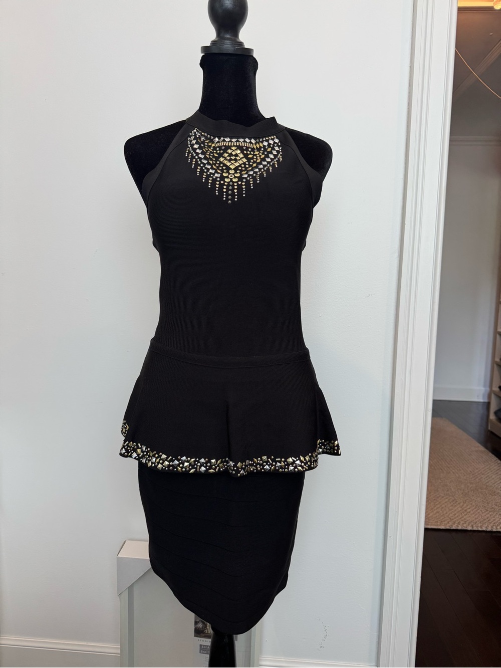 bebe Black Peplum Dress with Gold & Silver Embellishment